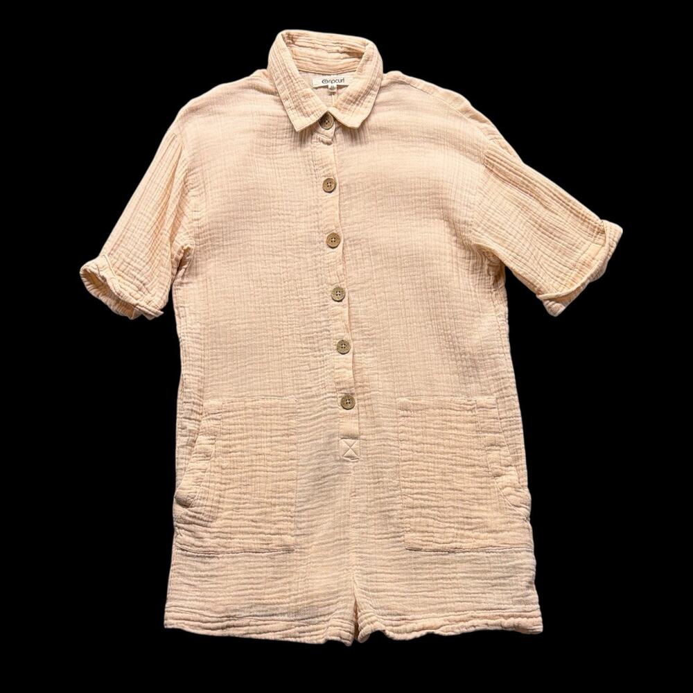 Rip Curl Womens Sz XS Salmon Pink Cotton Gauze Button Romper Short Sleeve